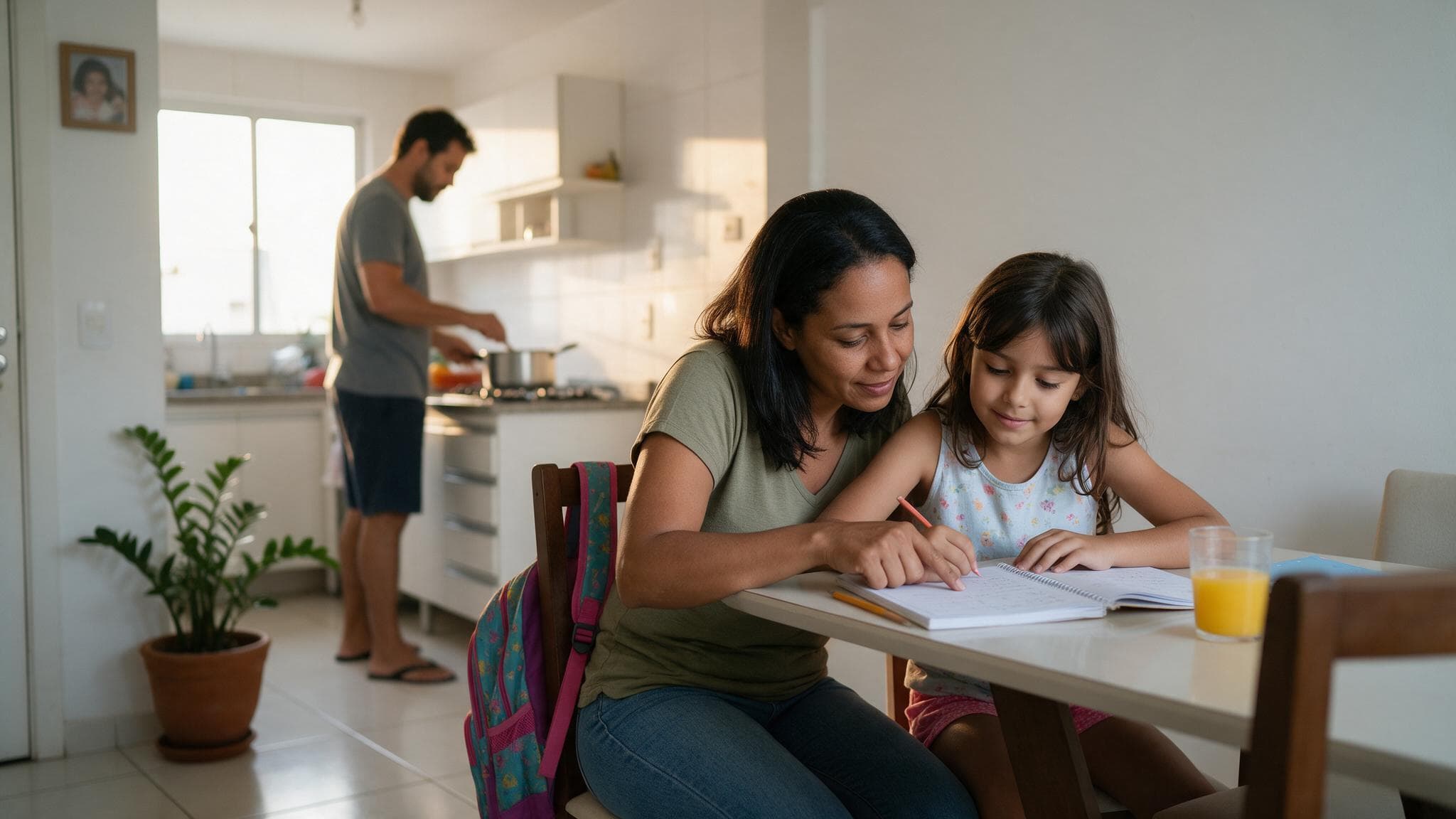 Mãe ajudando a filha com a lição na mesa da sala, o pai cozinhando ao fundo.