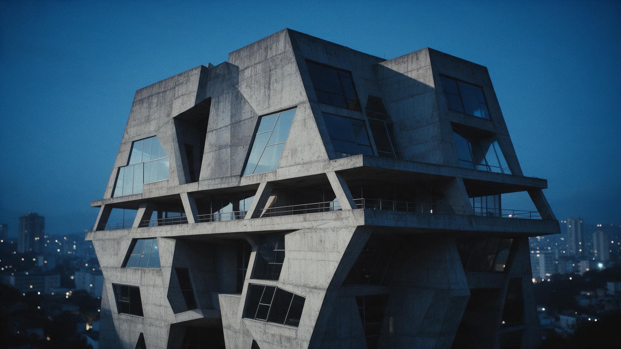 Fachada de um edifício de arquitetura contemporânea em concreto, fotografada à hora azul.